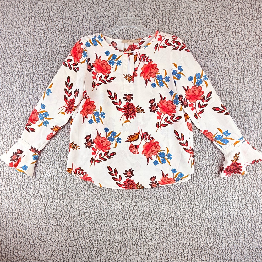 LOFT Petite Small Floral Blouse Long Sleeve Split Neck Flounce Cuffs